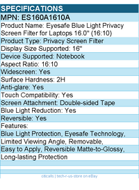 Kensington ES160A1610A Eyesafe Blue Light Privacy Screen Filter - Anti-glare