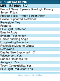 Kensington ES160A169A Eyesafe Blue Light Privacy Screen Filter for Laptops 16.0"