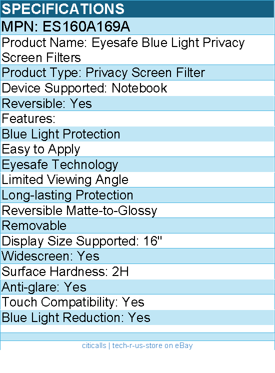 Kensington ES160A169A Eyesafe Blue Light Privacy Screen Filter for Laptops 16.0"