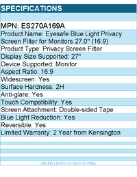 Kensington ES270A169A Eyesafe Blue Light Privacy Screen Filter for Monitors 27"