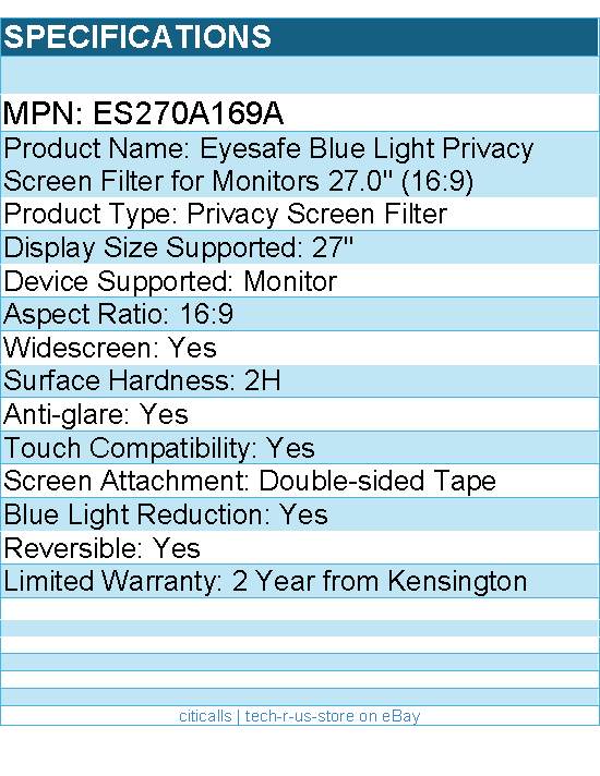 Kensington ES270A169A Eyesafe Blue Light Privacy Screen Filter for Monitors 27"