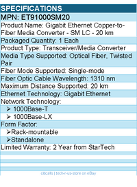 StarTech ET91000SM20 Gigabit Ethernet Copper-to-Fiber Media Converter