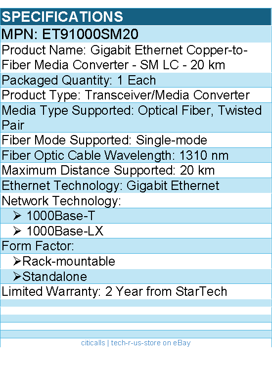 StarTech ET91000SM20 Gigabit Ethernet Copper-to-Fiber Media Converter