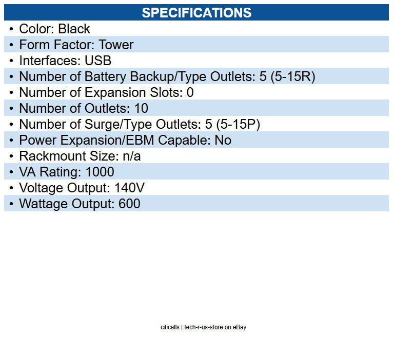 Minuteman Power ETR1000LGU UPS AVR 1000VA 5-Bat/5-SurgeUSB