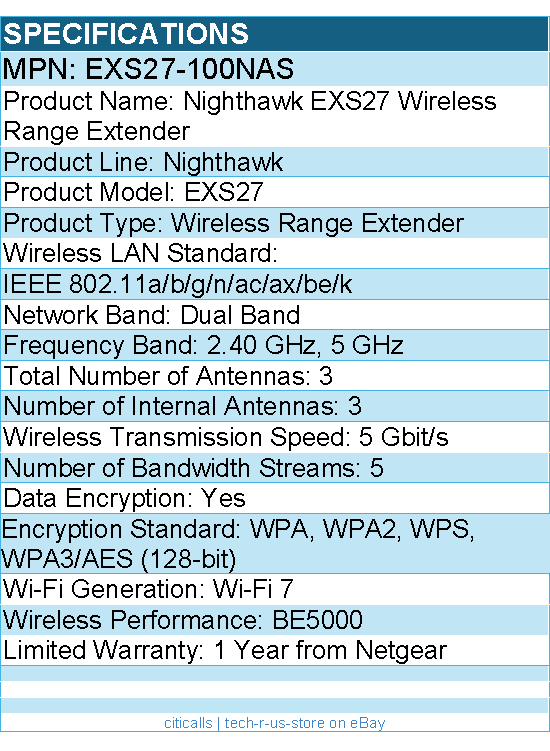 Netgear EXS27-100NAS Nighthawk - Wi-Fi 7 - 5 Gbit/s Wireless Range Extender
