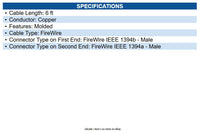 Eaton F017-006 FireWire 800 IEEE 1394b Hi-speed Cable (9pin/6pin M/M) 6 ft.