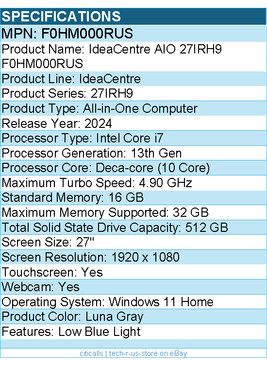 Lenovo F0HM000RUS IdeaCentre 27IRH9 All-in-One Computer - Intel Core i7 13th Gen