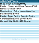 Belkin F1DN-KVM-REM4MC MultiClave Secure KVM Remote Control 4-Port
