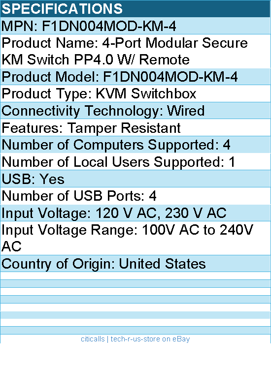 Belkin F1DN004MOD-KM-4 4-Port Modular Secure KM Switch PP4.0 W/ Remote
