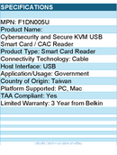 Belkin F1DN005U Cybersecurity and Secure KVM USB Smart Card / CAC Reader