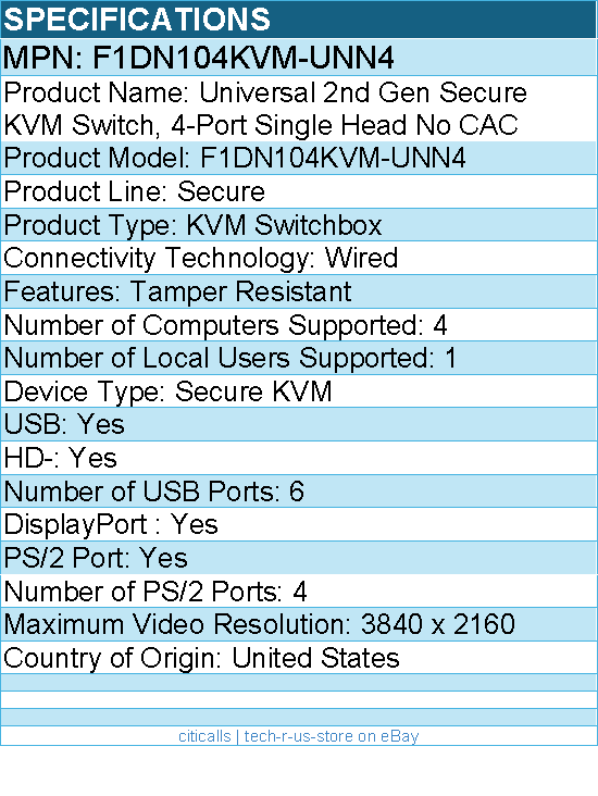 Belkin F1DN104KVM-UNN4 Universal 2nd Gen Secure KVM Switch - Tamper Resistant
