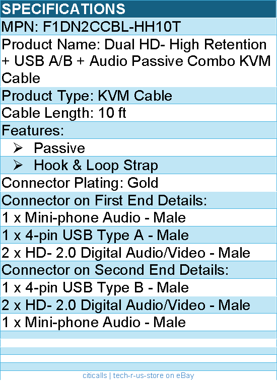 Belkin F1DN2CCBL-HH10T KVM Cable for Audio/Video Device, Computer, KVM Switch