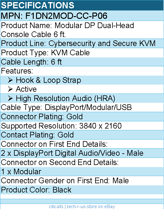 Belkin F1DN2MOD-CC-P06 Modular DP Dual-Head Console Cable 6ft -Active -KVM Cable