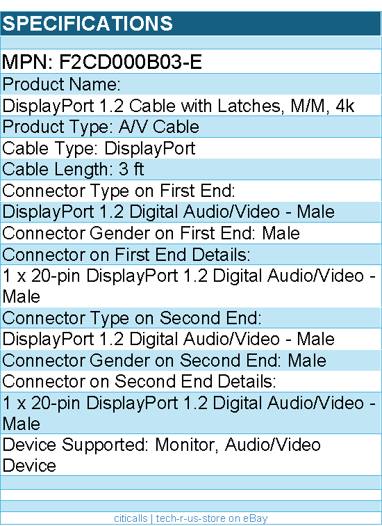 Belkin F2CD000b03-E 3ft DisplayPort Cable with Latches Video/Audio - DP 4K M/M