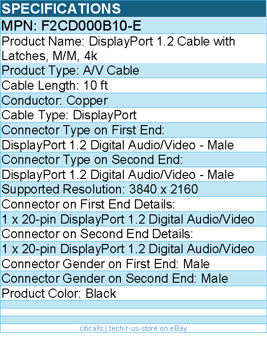 Belkin F2CD000B10-E DisplayPort to DisplayPort Cable w/ Latches -DisplayPort 1.2