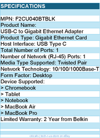Belkin F2CU040btBLK USB-C to Gigabit Ethernet Adapter