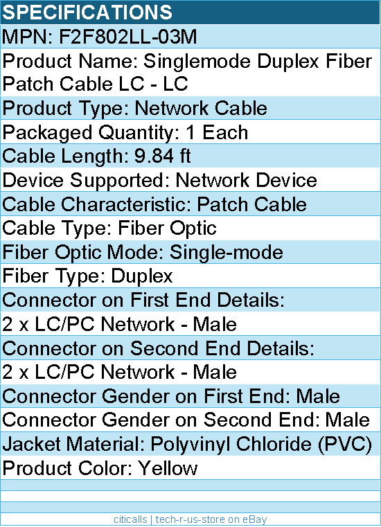 Belkin F2F802LL-03M Fiber Optic Duplex Patch Cable - LC Male - 10ft - Yellow