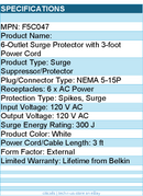 Belkin F5C047 6-Outlet Surge Protector with 3-foot Power Cord - 120 V AC
