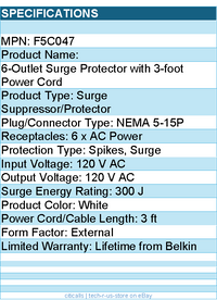 Belkin F5C047 6-Outlet Surge Protector with 3-foot Power Cord - 120 V AC