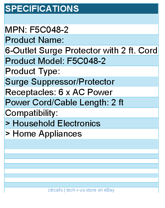 Belkin F5C048-2 6 Outlet Home and Office Surge Protector with 2ft Power Cord