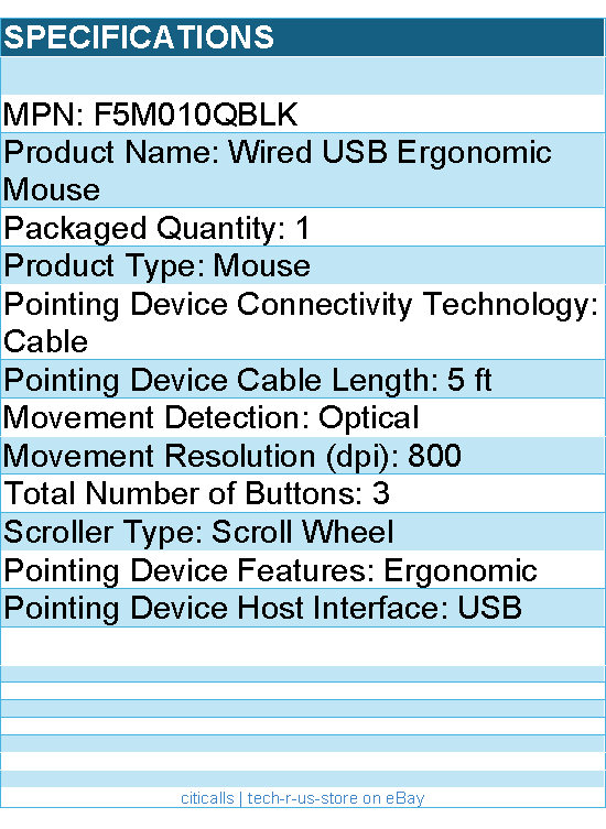 Belkin F5M010QBLK Wired USB Ergonomic Mouse - Optical - Cable - 800 dpi