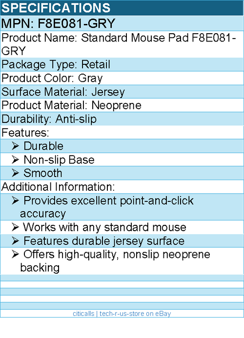 Belkin F8E081-GRY Standard Mouse Pad - Durable, Smooth, Non-slip Base - Gray