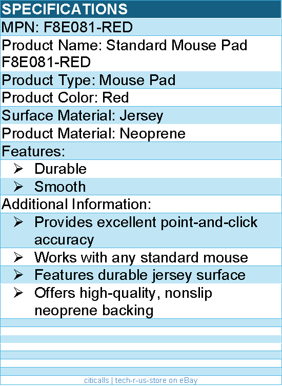 Belkin F8E081-RED Standard Mouse Pad - Neoprene - Durable, Smooth - Red