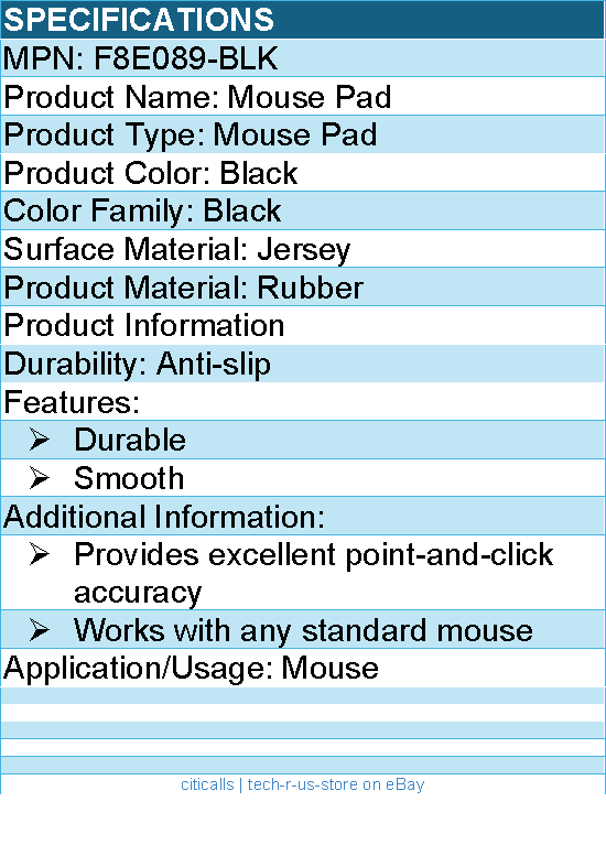 Belkin F8E089-BLK Mouse Pad - Rubber - Durable, Smooth - Rubber - Black