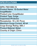 Belkin F9D1000-15 10-Outlet Metal Surge Protector - 15ft Cord - Straight Plug