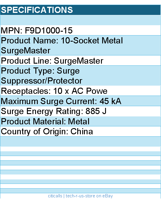Belkin F9D1000-15 10-Outlet Metal Surge Protector - 15ft Cord - Straight Plug