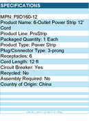 Belkin F9D160-12 6-Outlet Power Strip w/ On-Off Switch - 12ft - Straight Plug