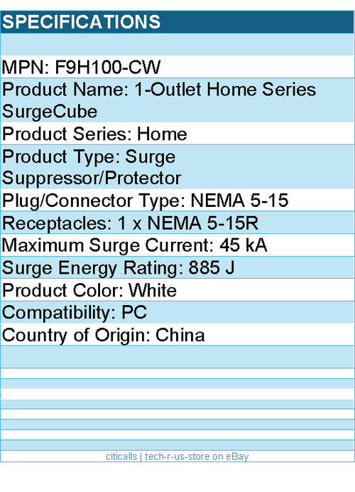 Belkin F9H100-CW 1 Outlet SurgeCube - Grounded Outlet & Protected Light Indicato