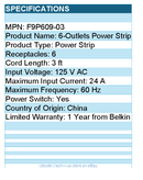 Belkin F9P609-03 6-Outlet Power Strip - 3ft Cord - Straight Plug - On-Off Switch