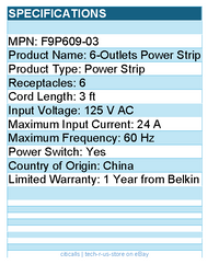 Belkin F9P609-03 6-Outlet Power Strip - 3ft Cord - Straight Plug - On-Off Switch