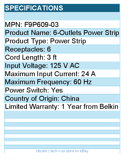 Belkin F9P609-03 6-Outlet Power Strip - 3ft Cord - Straight Plug - On-Off Switch