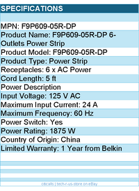 Belkin F9P609-05R-DP 6 Outlet Power Strip - 5 foot cord - White