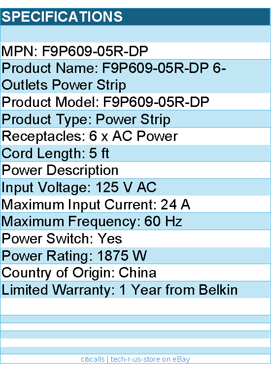 Belkin F9P609-05R-DP 6 Outlet Power Strip - 5 foot cord - White