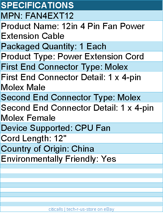 StarTech FAN4EXT12 12in 4 Pin Fan Power Extension Cable
