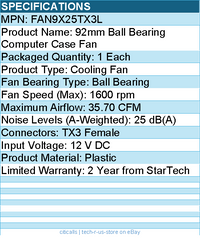 StarTech FAN9X25TX3L 92x25mm Ball Bearing Quiet Computer Case Fan