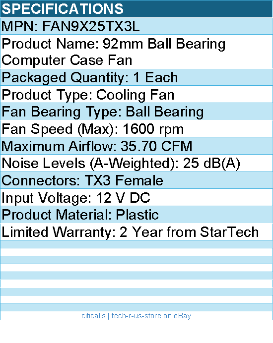 StarTech FAN9X25TX3L 92x25mm Ball Bearing Quiet Computer Case Fan