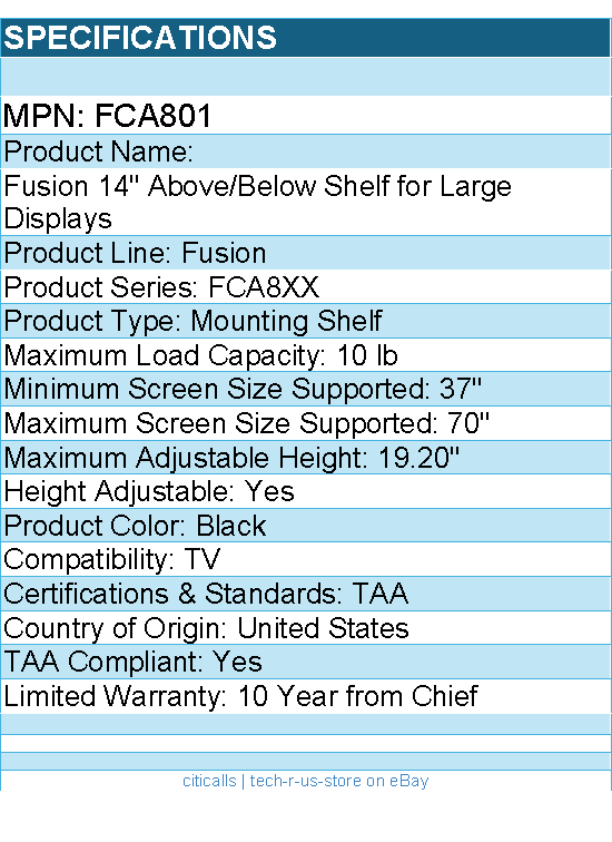 Chief FCA801 Fusion 14" Above/Below Camera Shelf - For Large Displays