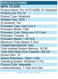 Dell FCXDR Pro 14 PC14250 14" Notebook - Full HD Plus - 60 Hz - Intel Core 5