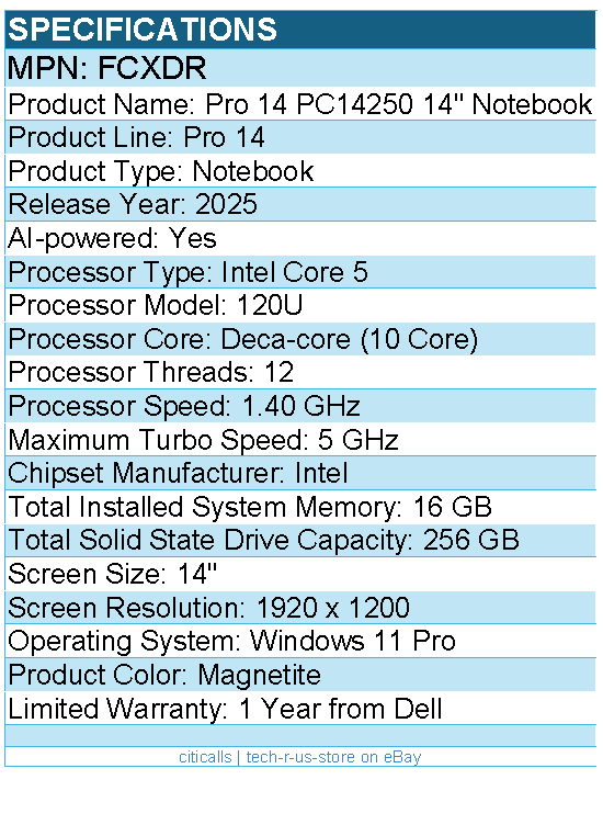 Dell FCXDR Pro 14 PC14250 14" Notebook - Full HD Plus - 60 Hz - Intel Core 5