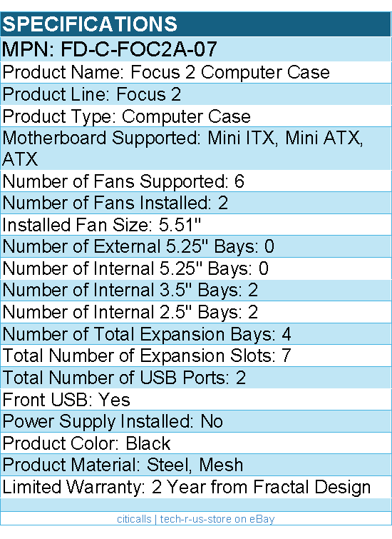Fractal Design FD-C-FOC2A-07 Focus 2 Computer Case - Tower - Black - Steel, Mesh