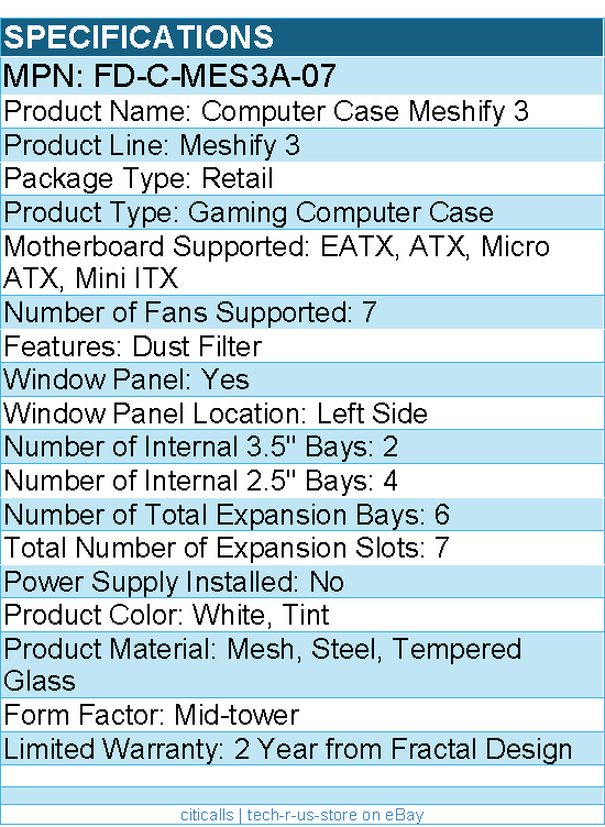 Fractal Design FD-C-MES3A-07 Meshify 3 Computer Case - Mid-tower - White, Tint