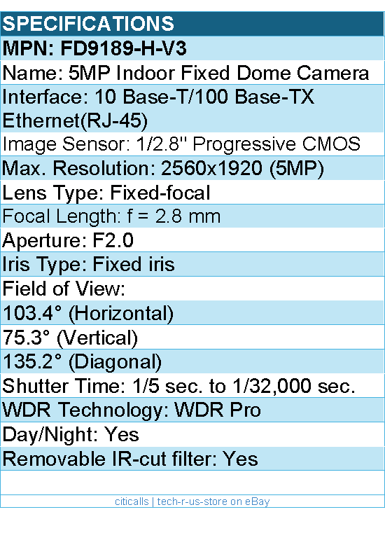 Vivotek FD9189-H-V3 Camera - V-Series 5MP Indoor AI IR IP DomeCamera 2.8mm IP67