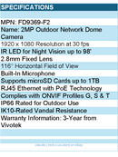 Vivotek FD9369-F2 Camera - Outdoor Dome 2MP 30M IR H.265 2.8mm Retail
