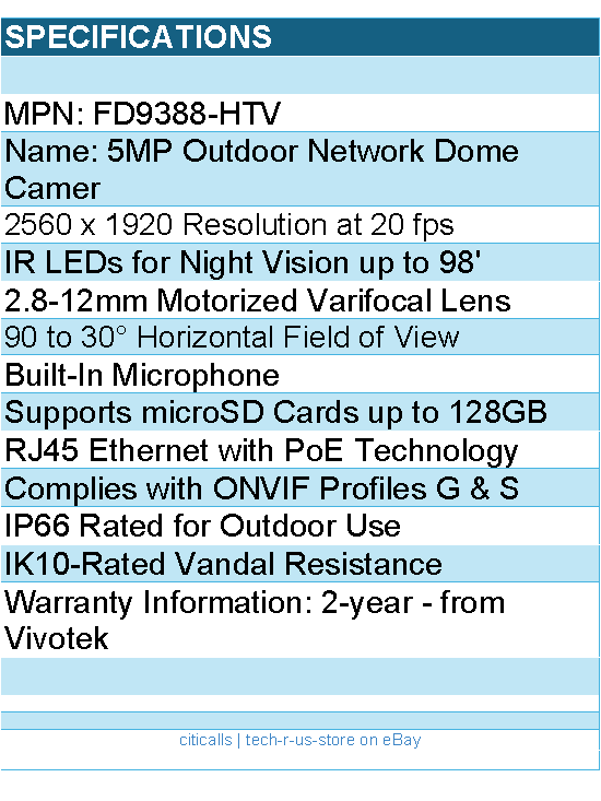 Vivotek FD9388-HTV Camera - Outdoor WDR Pro Remote Focus Dome 5MP 30M IR H.265