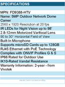 Vivotek FD9388-HTV Camera - Outdoor WDR Pro Remote Focus Dome 5MP 30M IR H.265