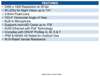 Vivotek FD9389-EHV-V3 V Series 5MP Outdoor Dome IP Camera, 40m IR, 2.8mm Fixed